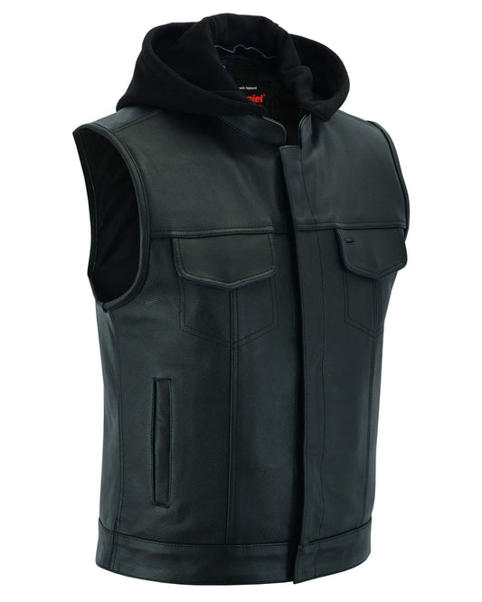 DS Men's Black Leather Motorcycle Vest with Removable Hood