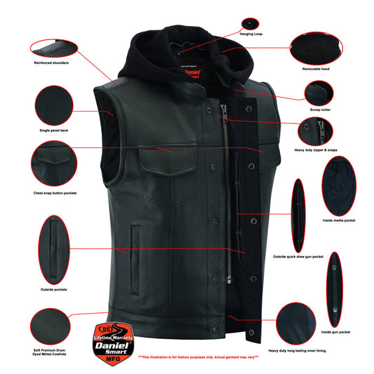 DS Men's Black Leather Motorcycle Vest with Removable Hood
