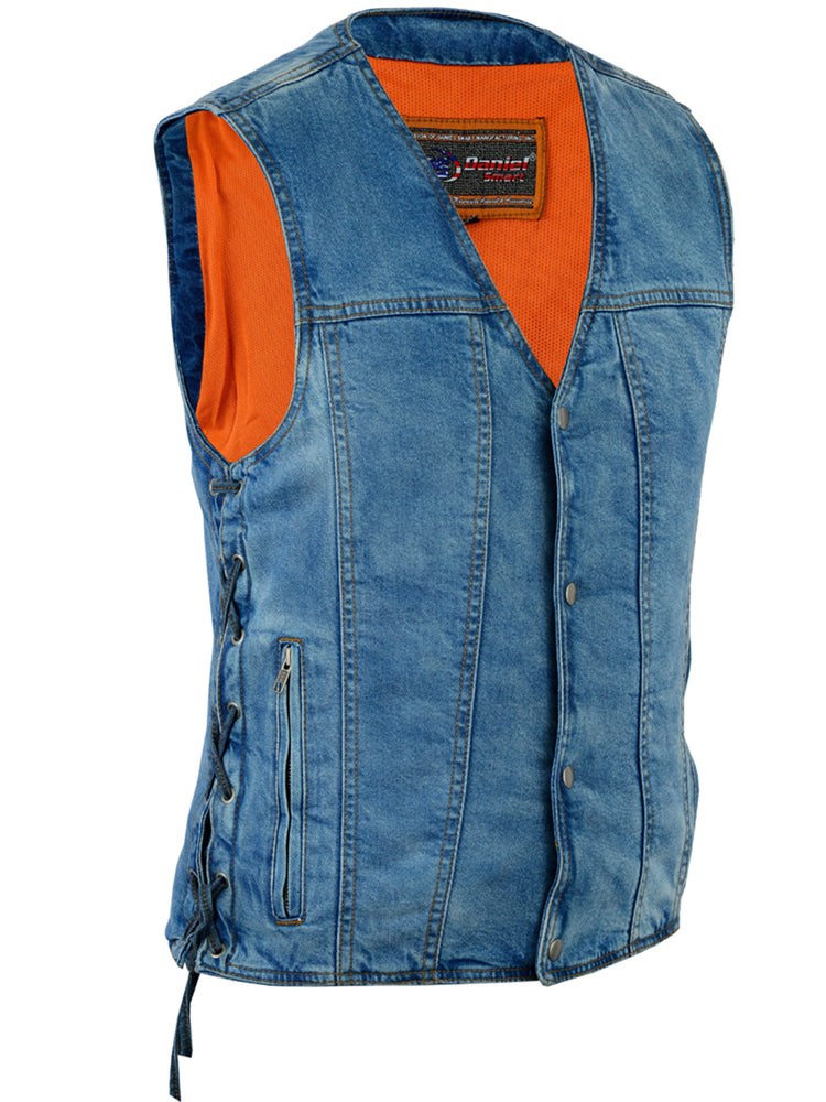 DM Men's Blue Denim Motorcycle Vest with Lace & Pockets