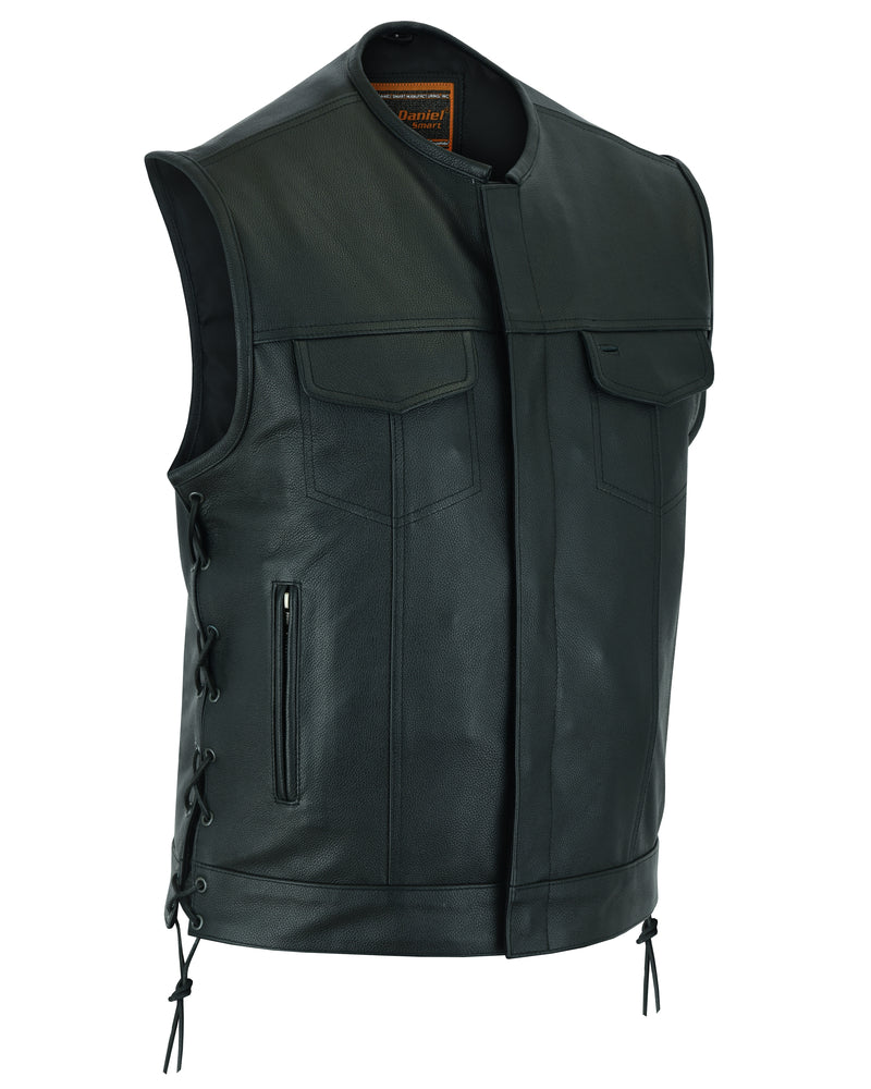 DS Men's Combat Black motorcycle Leather Vest - Gun Pockets & Side Laces