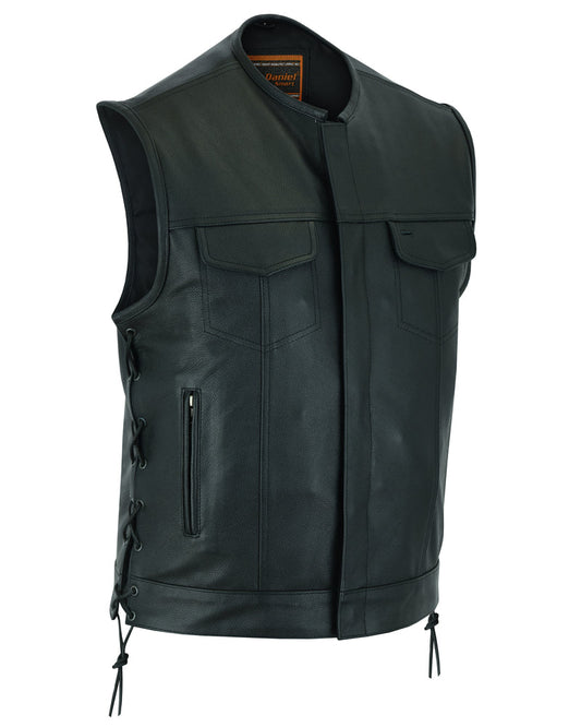DS Men's Combat Black motorcycle Leather Vest - Gun Pockets & Side Laces