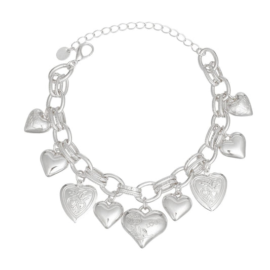 Charm Bracelet Silver Puffy Heart Chain for Women