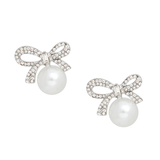 Studs Silver Ribbon Bow White Pearl Earrings Women
