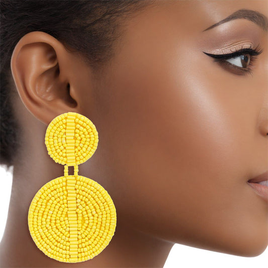 Drop Yellow Seed Bead and Felt Circle Earrings