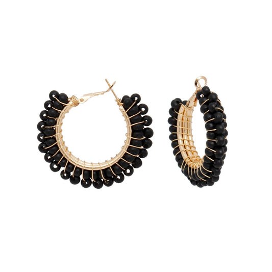 Hoops Black Bead Gold Wire Wrapped Earrings Women