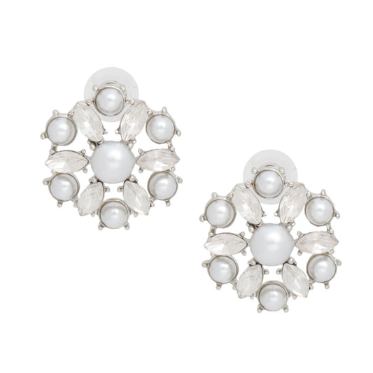 Studs Silver White Pearl Domed Cluster Earrings