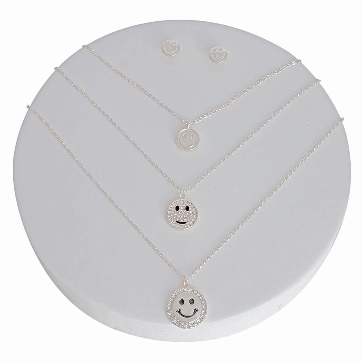 Silver 3 Layer Bling Smiley Face Dainty Necklace Set