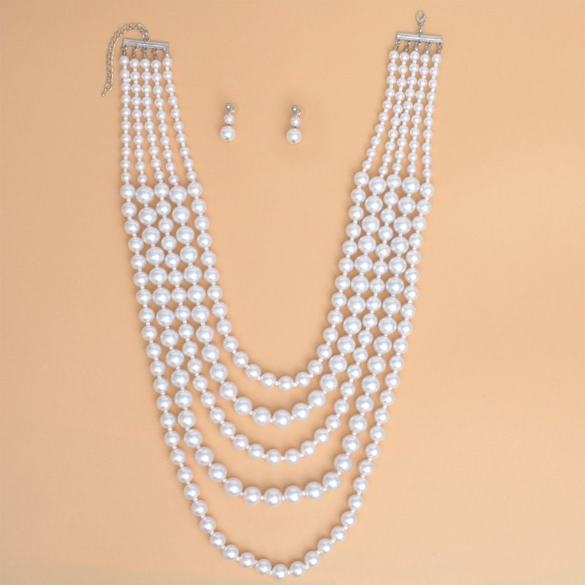 Pearl Long Layered 5 Strand White Necklace Women