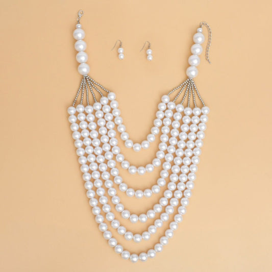 Pearl Long Layer 6 Strand White Chunky Necklace