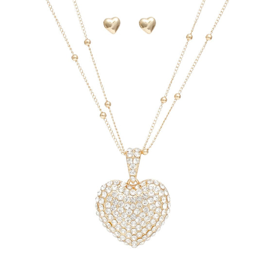 Pendant Gold 2 Layer Puffy Rhinestone Heart Set