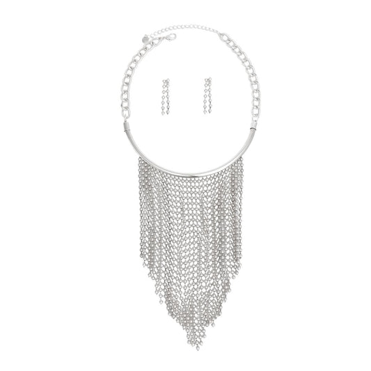 Bib Silver Ball Chain Fringe Necklace for Women