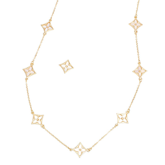 Long Necklace Gold Cream Monogram Flower Chain