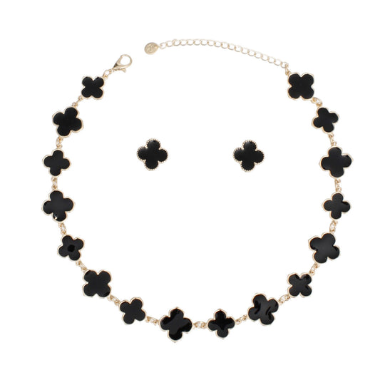Necklace Gold Black Large Quatrefoil 16 Motifs