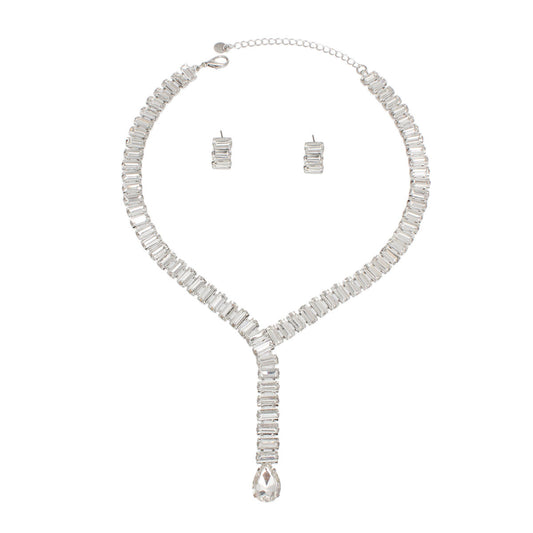 Formal Necklace Silver Baguette Crystal Y Set