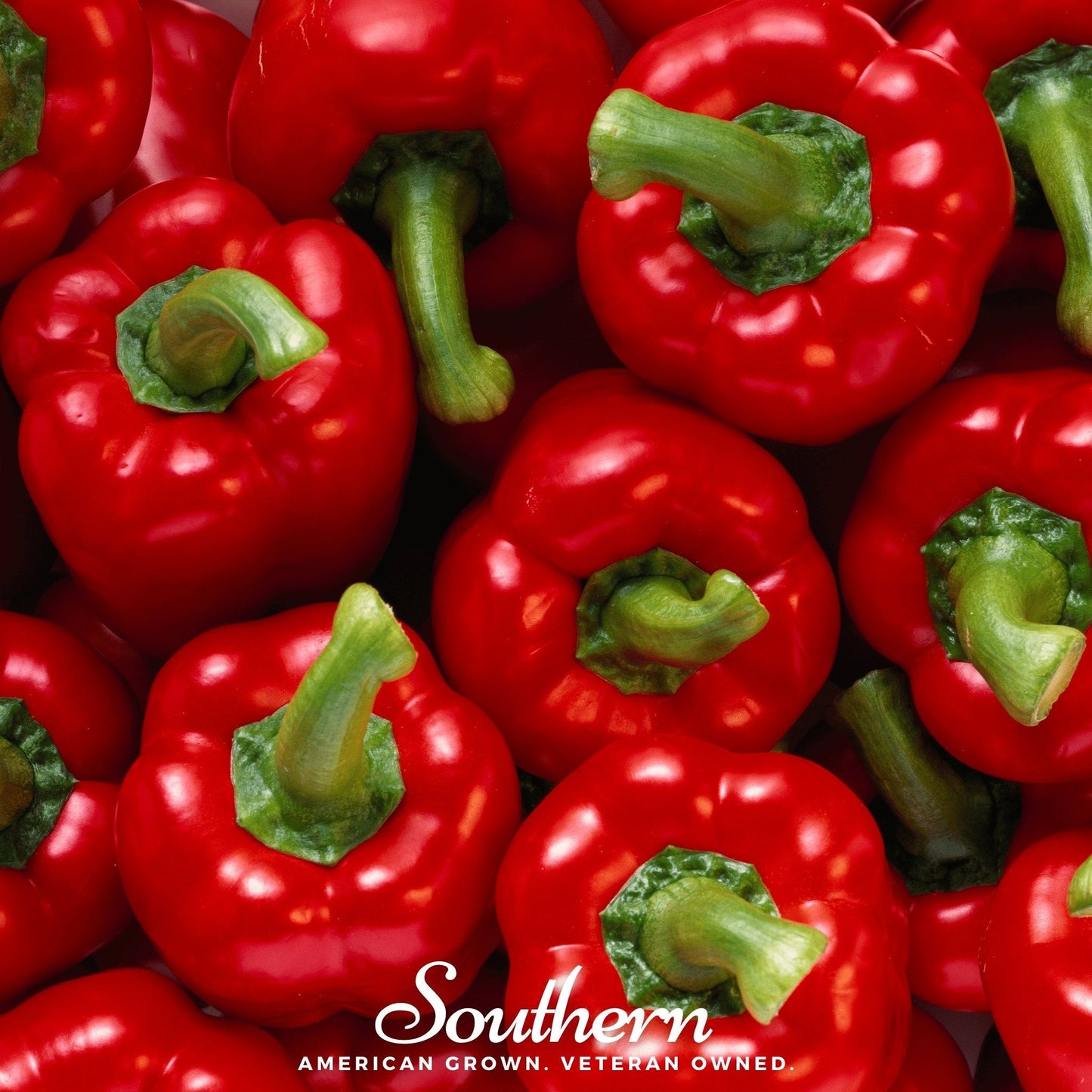 Close-up of red bell peppers with 'Southern' brand text.