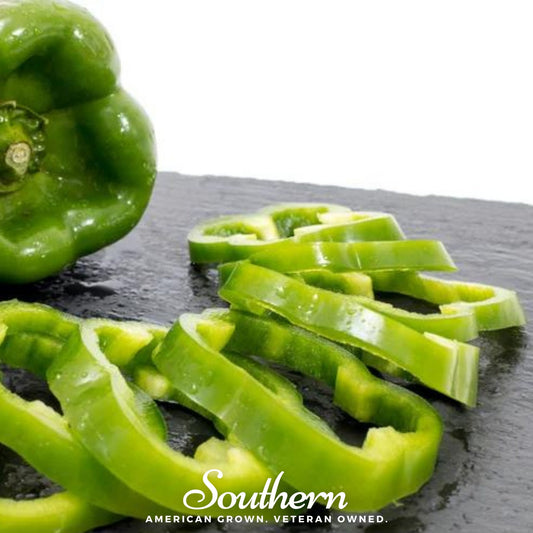 Sliced green bell pepper on a dark surface with 'Southern' branding.