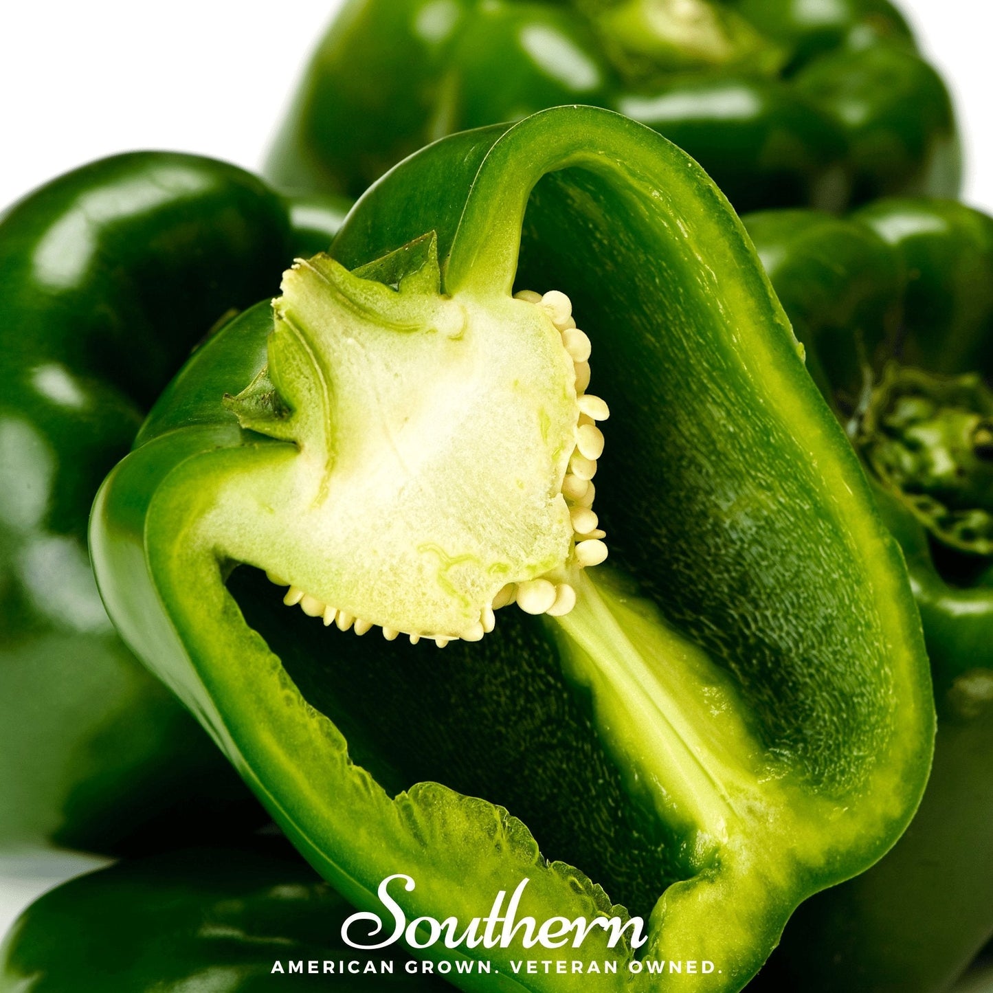 Close-up of a green bell pepper with 'Southern' branding.