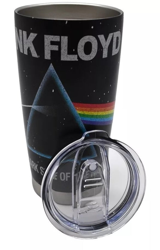 Pink Floyd tumbler with a clear lid on a white background