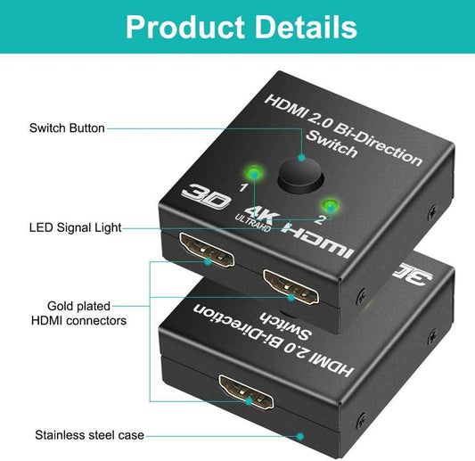 4K HDMI Switch Splitter 2 Ports Bi-Directional HDMI Switch 2 Port Display Selector Switcher Splitter Supports Ultra HD 4K 1080P 3D HDR For HDTV Gaming