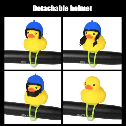 Yellow rubber duck with a detachable helmet on a black handlebar, shown from multiple angles.