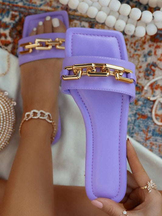Purple Women's Slippers Summer Gold Chain Luxury Square Head Flat Heel Outdoor Beach Women Slides Sandals Leather Flat Sandals Strap Slides With Chain Open Toe Summer Slippers