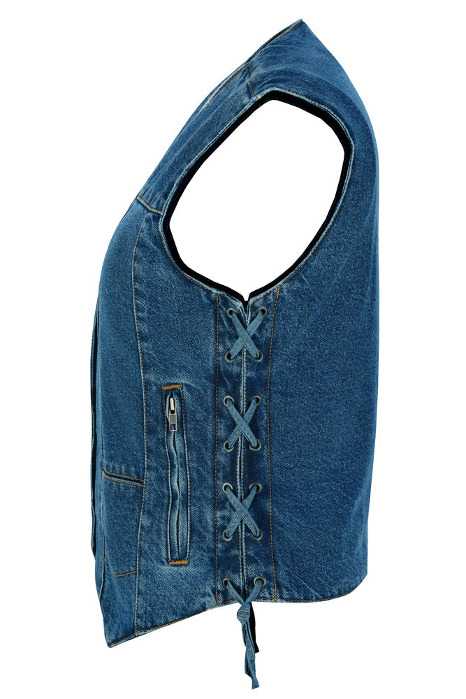 Side View DM Women's 6 Pocket Denim Utility Vest - Blue