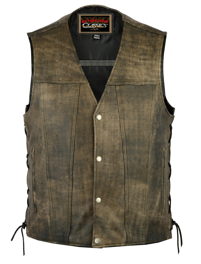Full Front View Antique Charm Men's Antique Brown Leather Motorcycle Vest