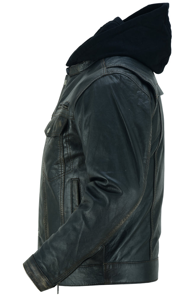 DS Men's Black Lightweight Drum Dyed  Distressed Lambskin Jacket with Removable Hoodie