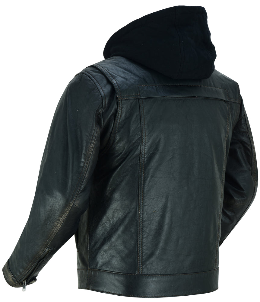 DS Men's Black Lightweight Drum Dyed  Distressed Lambskin Jacket with Removable Hoodie