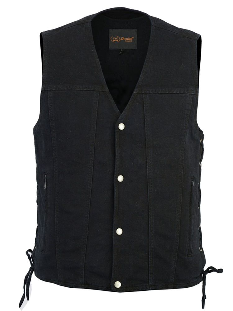 DM Men's Black Denim Motorcycle Vest – Single Panel Back