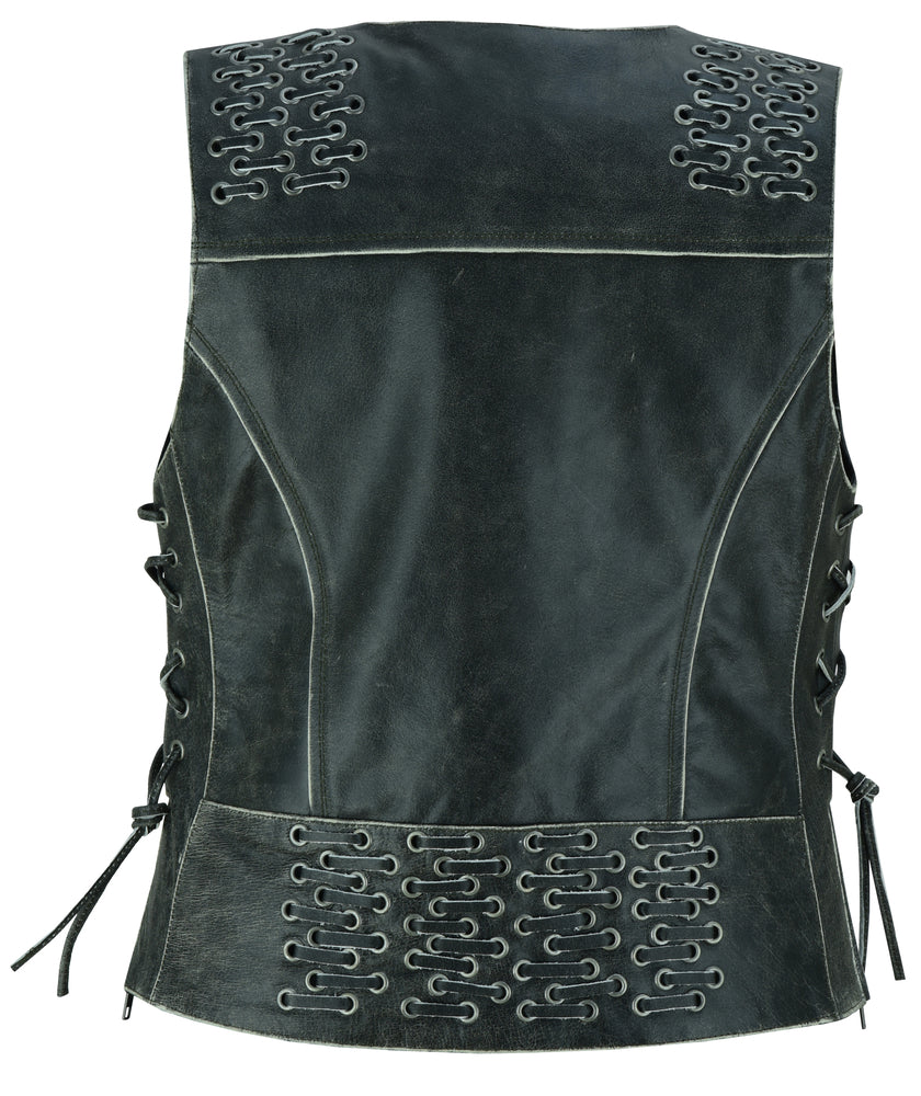 Back Of DS Women's Gray Vest with Grommet and Lacing Accents