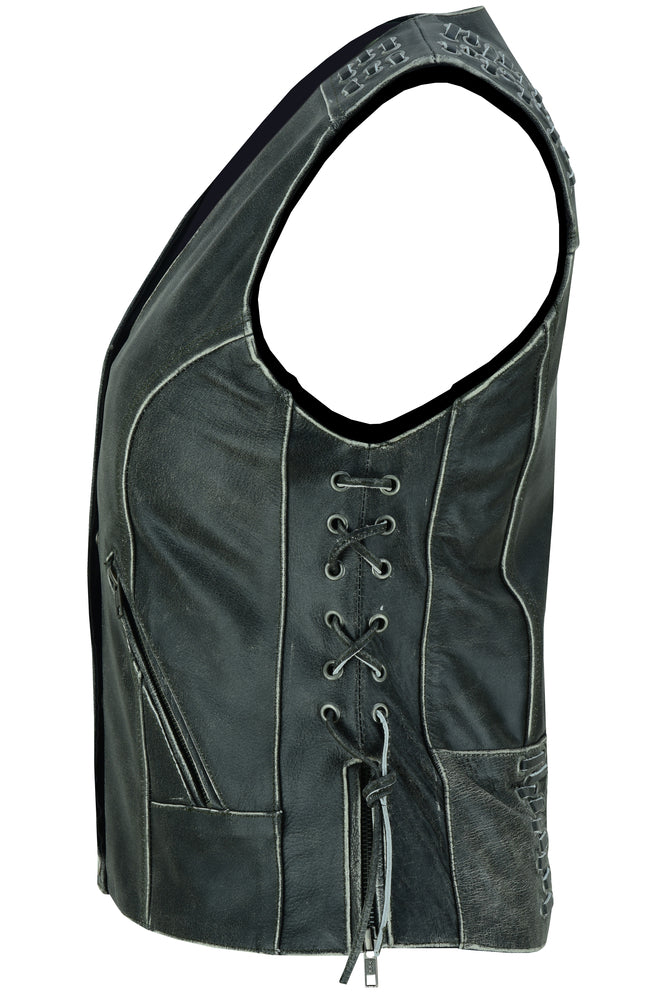 Side View with Lacing DS Women's Gray Vest with Grommet and Lacing Accents