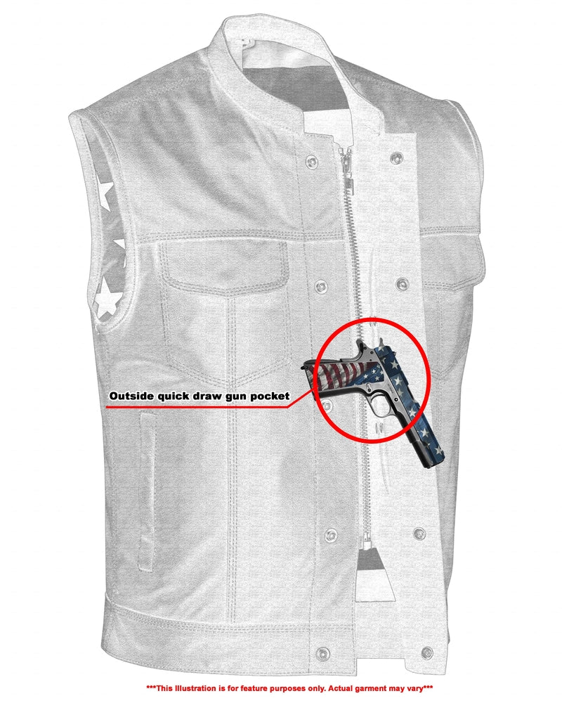 DS Mens's Leather Motorcycle Vest with Scoop Collar & USA Flag