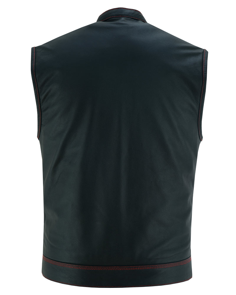 DS Mens's Leather Motorcycle Vest with Scoop Collar & USA Flag