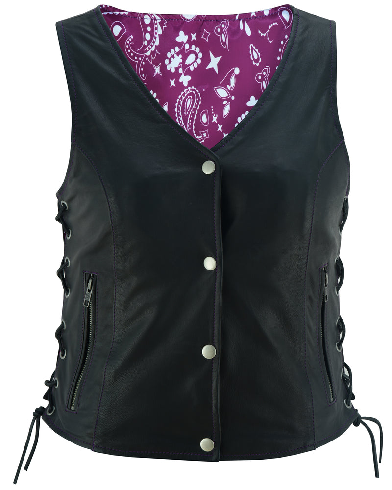 Front View Purple Paisley Biker Girl Vest