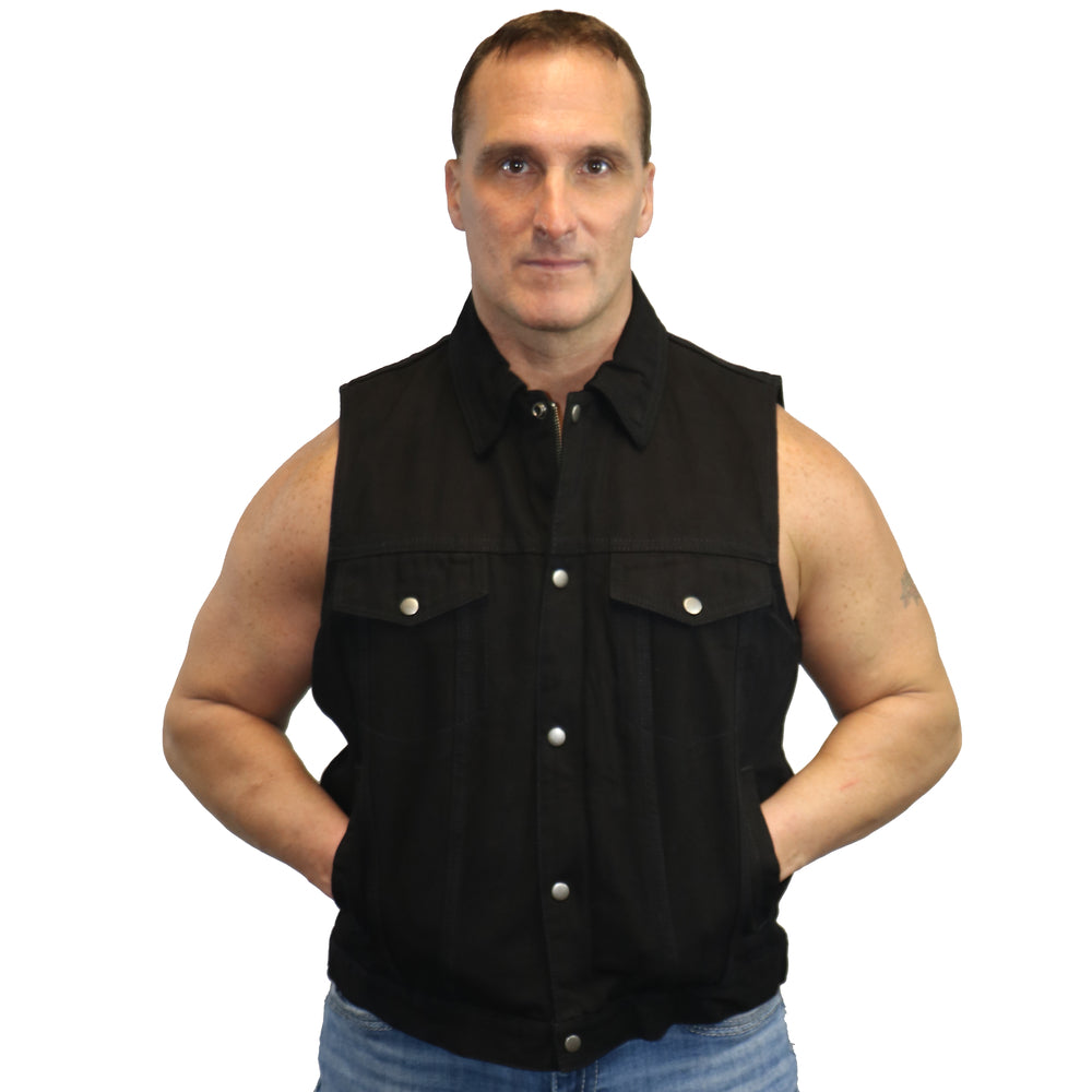 DM Men's Snap/Zipper Front Black Denim Motorcycle Vest