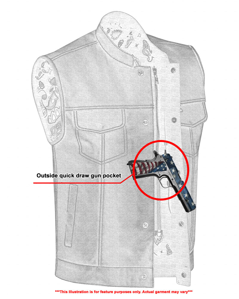 DS Men's Paisley Black Leather Motorcycle Vest with White Stitching