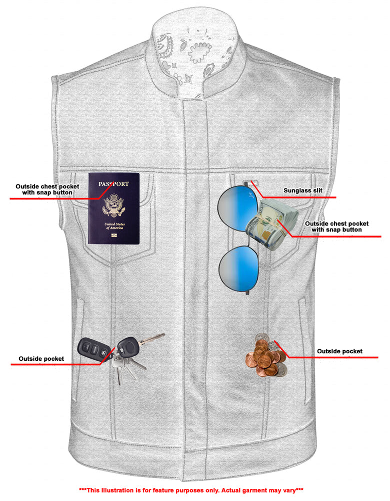 DS Men's Paisley Black Leather Motorcycle Vest with White Stitching