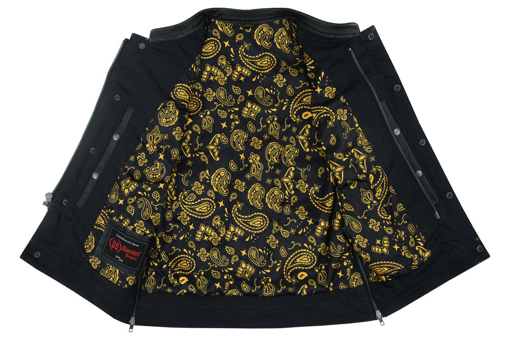DS Men's Gold Rush Black Leather Vest - Yellow Stitching