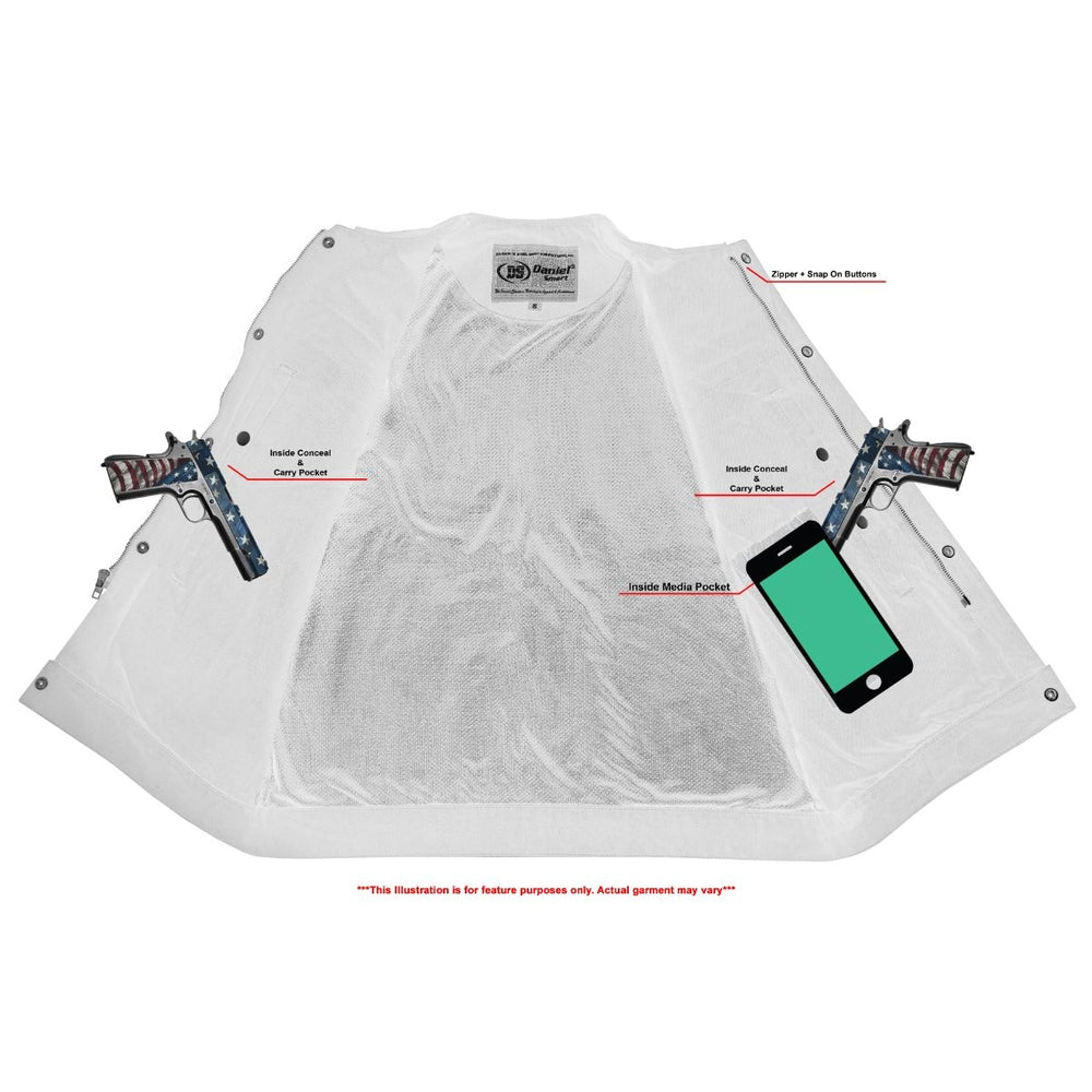 DM Mens Black Denim Motorcycle Vest with Concealed Snaps & Zipper