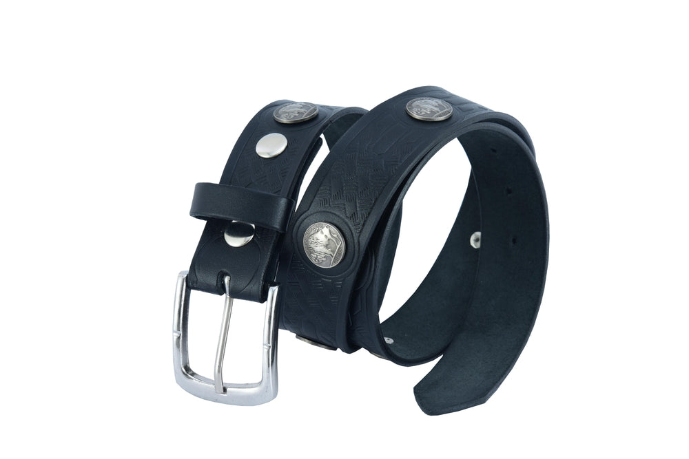 coiled Classic Black Leather Belt with Buffalo Nickel