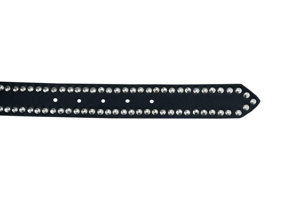 Tip Black Leather Belt with Silver Studs and Skulls