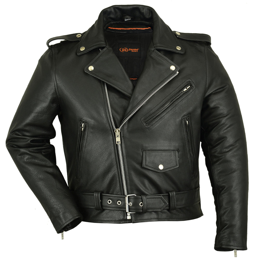 DS Men's Classic Plain Side Police Style Motorcycle Jacket - Black