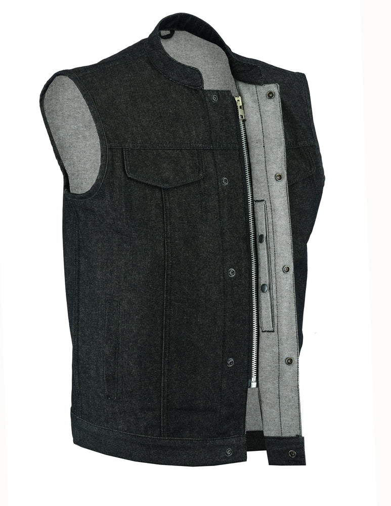 DM Men's Rough Rub-Off Raw Finish Motorcycle Denim Vest - Black