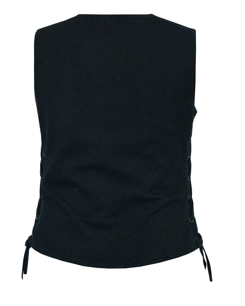 Back View DM Women's Denim Longer Body ¾ Vest - Side Laces