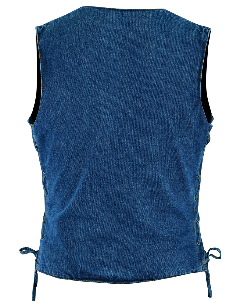 Back View DM Women's Single Back Panel Concealed Carry Denim Vest - Blue