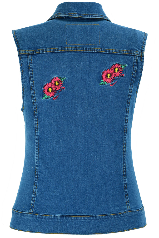 Back View DM Women's Blue Denim Snap Front Vest with Red Daisy
