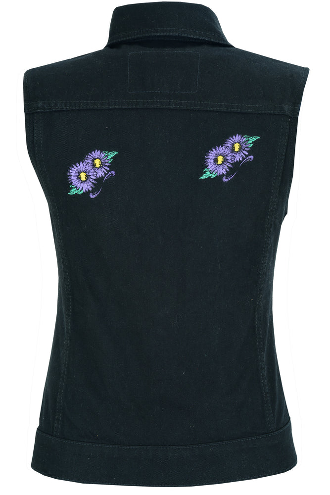 Back Of DM Women's Black Denim Snap Front Vest with Purple Daisy