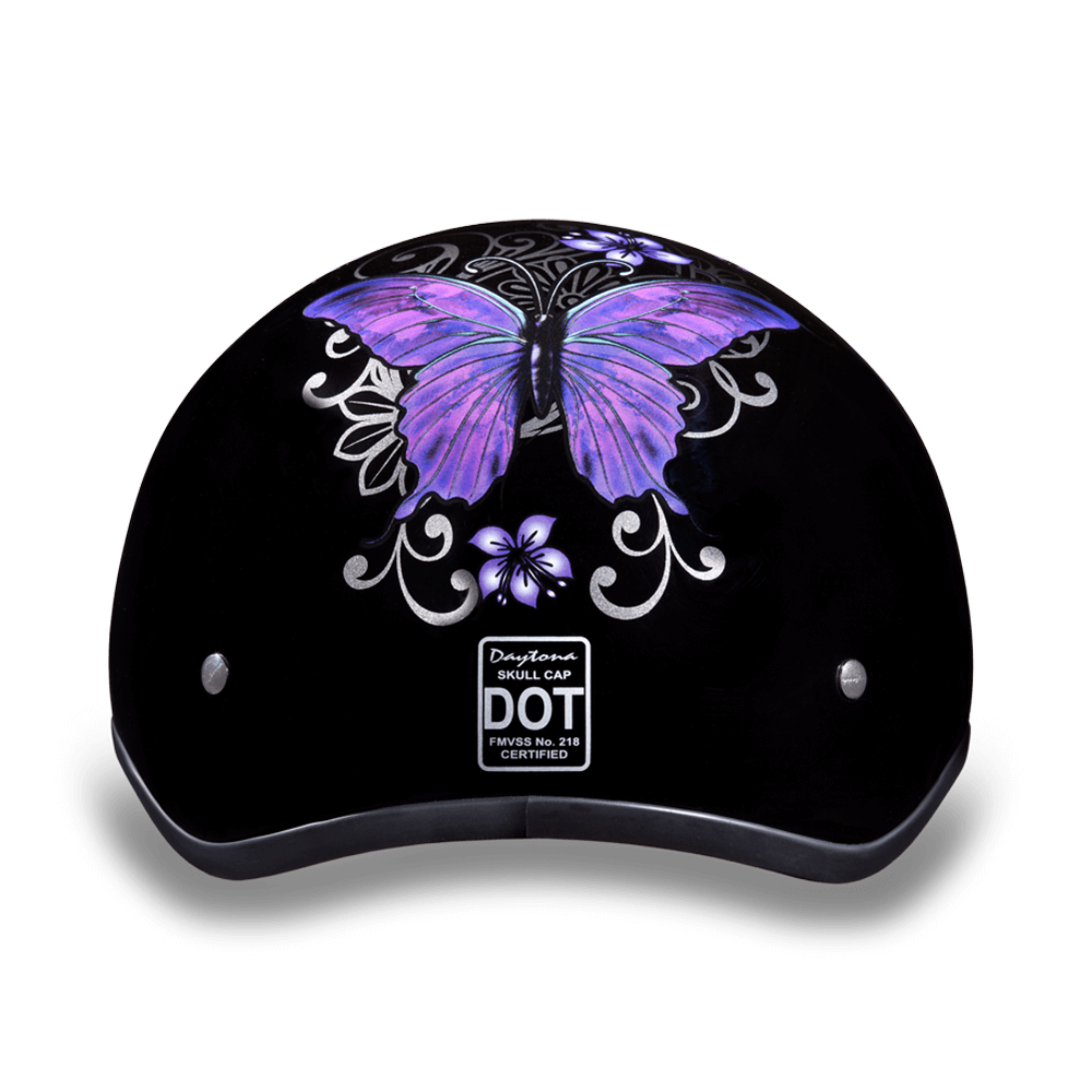 Back Of D.O.T. DAYTONA SKULL CAP Purple BUTTERFLY Design