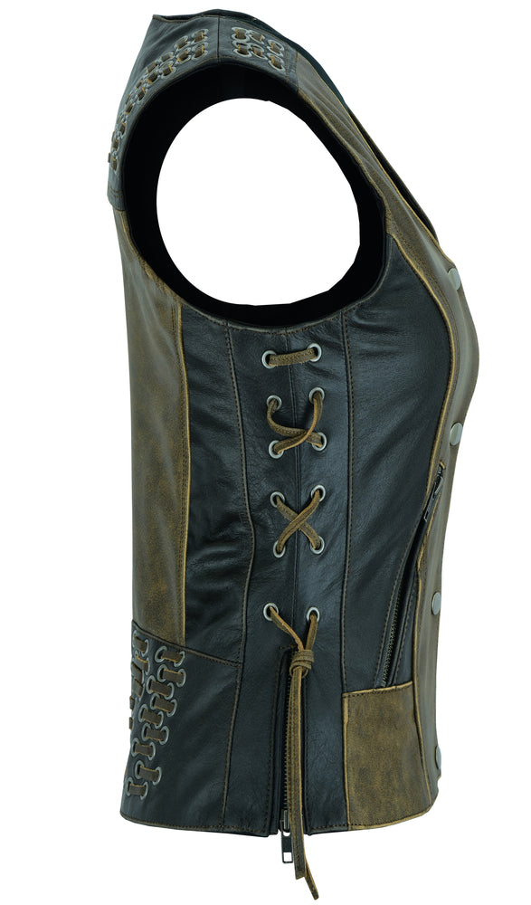 Side View Women's Vest with Grommet and Lacing Accents - Two Tone